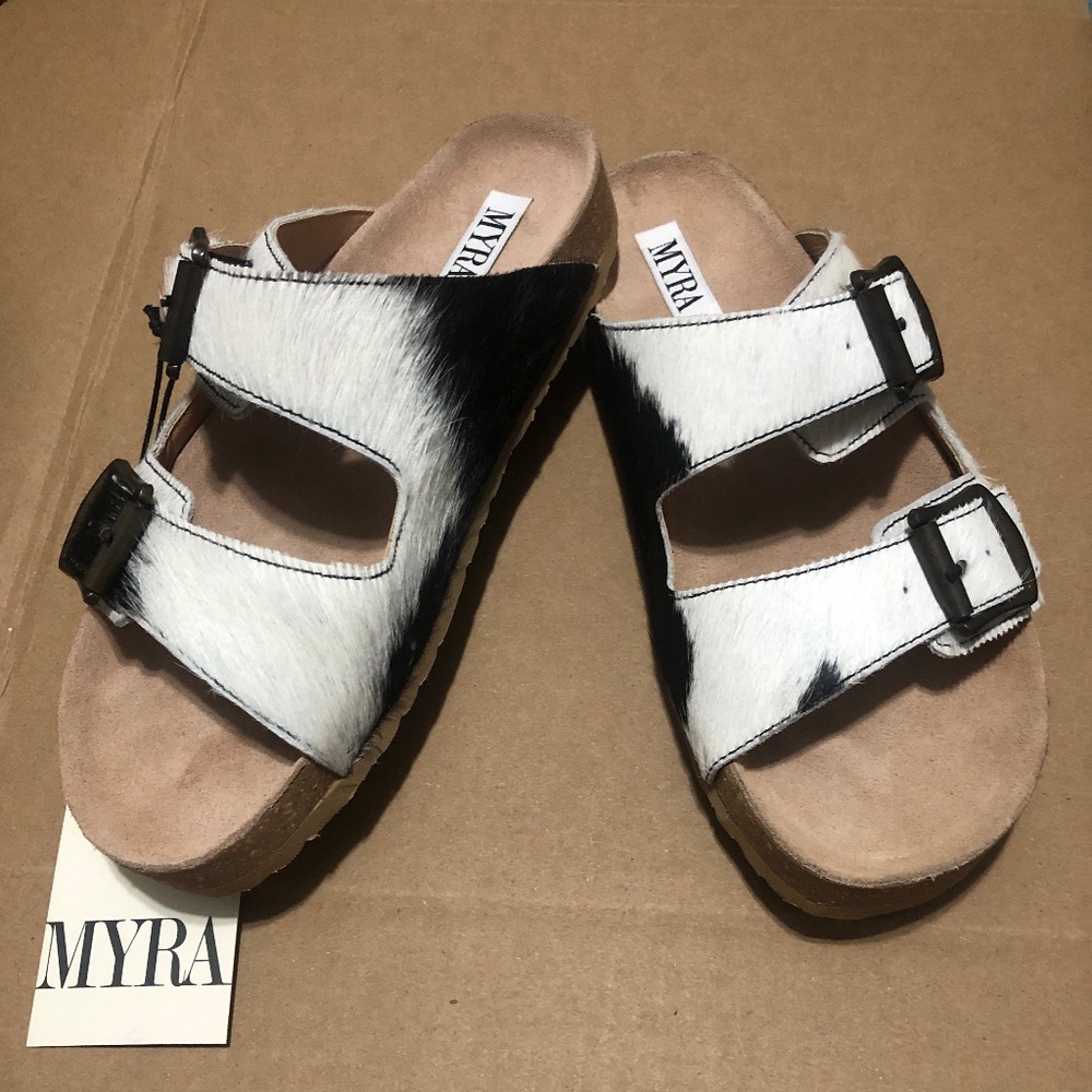 Myra Bag Lazy Day shoes two-tone hair hide sandals. NWT Cork comfort.